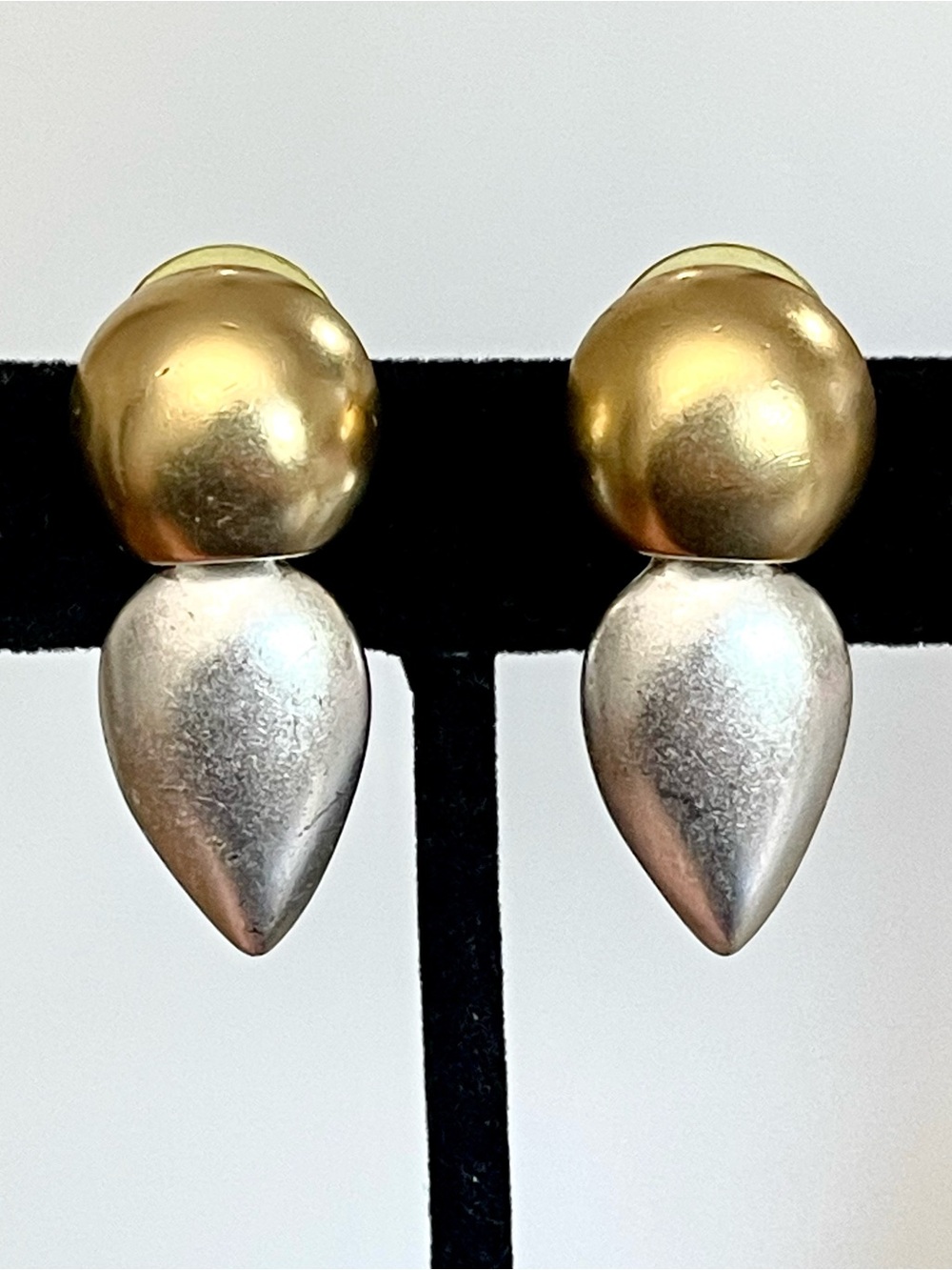 Vintage Gold & Silver Sculptural Modernist Drop Earrings Two-Tone Geometric Chic